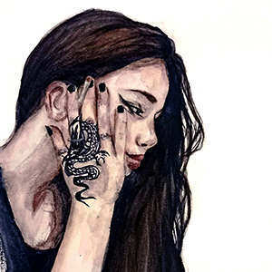 peinture de jeune fille de profil avec un tatouage de dragon sur sa main
