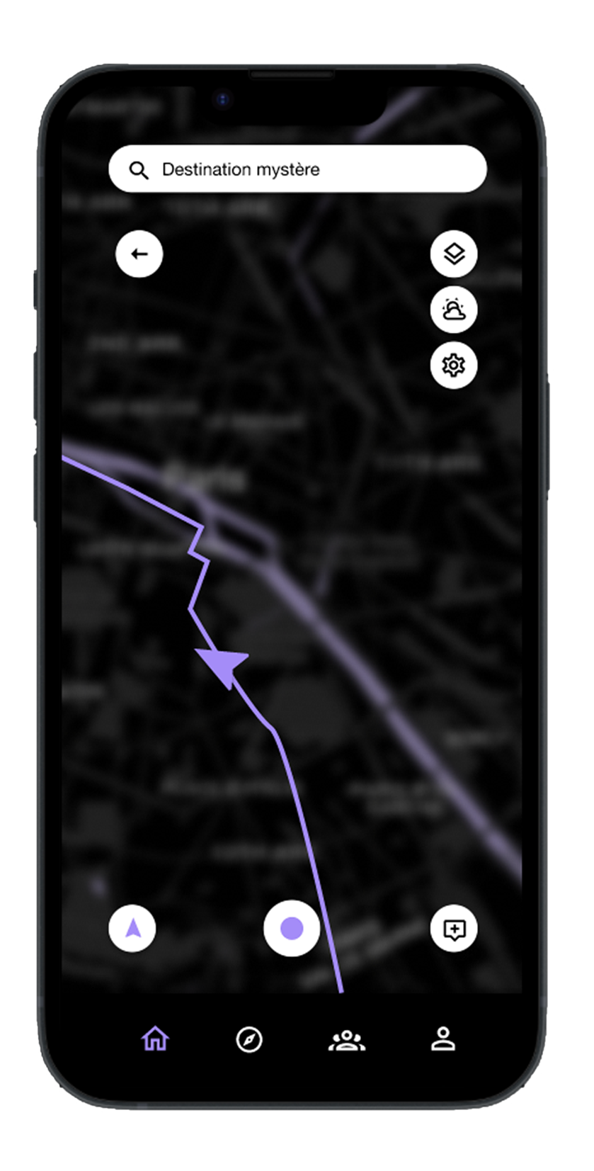 mockup d'un téléphone avec l'interface floutée et sombre d'une application de trajet à vélo