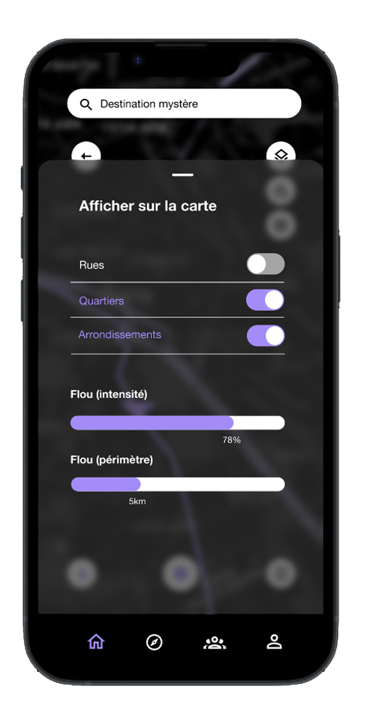 mockup d'un téléphone avec l'interface 'paramètres de la destination mystère' d'une application de trajet à vélo